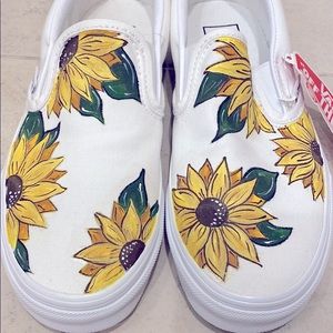 VANS white slip on custom painted sunflower Sneakers. NWT size 6.5 womens.